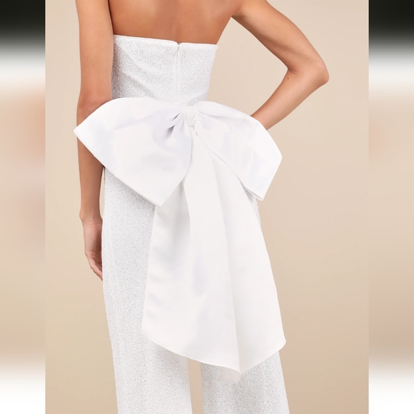 White Sequin Removable Bow Wide-Leg Jumpsuit NWT - Picture 3 of 4